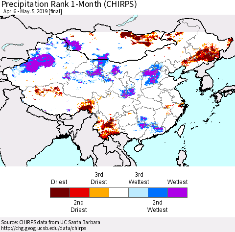 China, Mongolia and Taiwan Precipitation Rank since 1981, 1-Month (CHIRPS) Thematic Map For 4/6/2019 - 5/5/2019