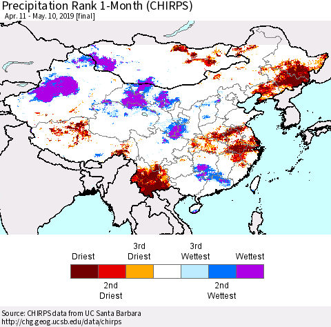China and Taiwan Precipitation Rank 1-Month (CHIRPS) Thematic Map For 4/11/2019 - 5/10/2019