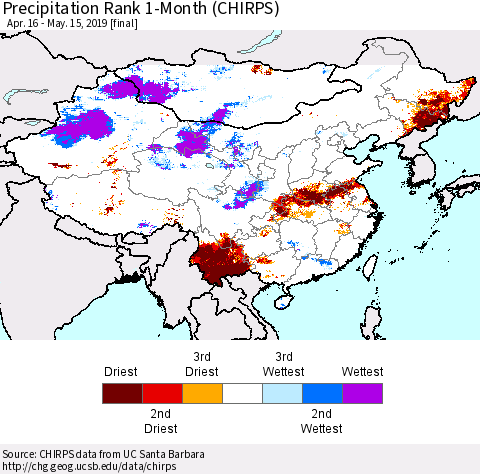 China, Mongolia and Taiwan Precipitation Rank since 1981, 1-Month (CHIRPS) Thematic Map For 4/16/2019 - 5/15/2019