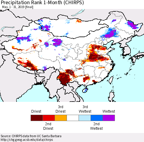 China, Mongolia and Taiwan Precipitation Rank since 1981, 1-Month (CHIRPS) Thematic Map For 5/1/2019 - 5/31/2019