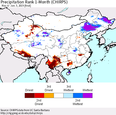 China, Mongolia and Taiwan Precipitation Rank since 1981, 1-Month (CHIRPS) Thematic Map For 5/6/2019 - 6/5/2019