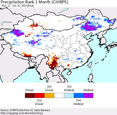 China, Mongolia and Taiwan Precipitation Rank since 1981, 1-Month (CHIRPS) Thematic Map For 5/11/2019 - 6/10/2019