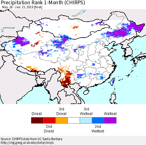 China and Taiwan Precipitation Rank 1-Month (CHIRPS) Thematic Map For 5/16/2019 - 6/15/2019