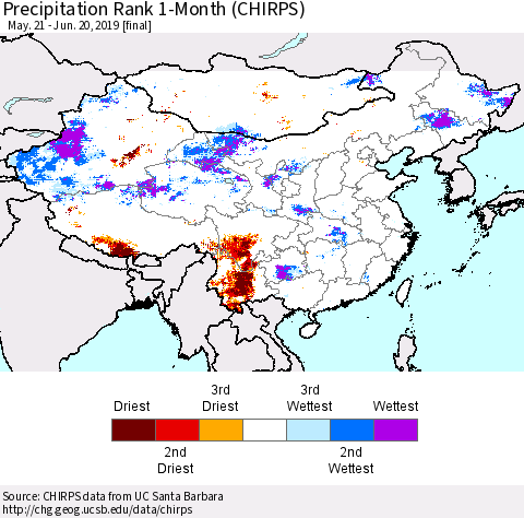 China and Taiwan Precipitation Rank 1-Month (CHIRPS) Thematic Map For 5/21/2019 - 6/20/2019