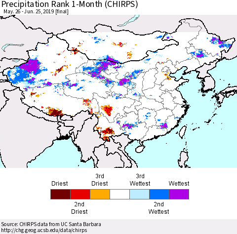 China and Taiwan Precipitation Rank 1-Month (CHIRPS) Thematic Map For 5/26/2019 - 6/25/2019