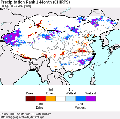 China and Taiwan Precipitation Rank 1-Month (CHIRPS) Thematic Map For 6/6/2019 - 7/5/2019