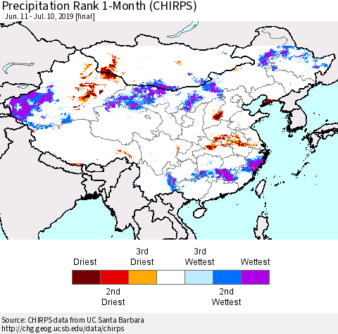 China and Taiwan Precipitation Rank 1-Month (CHIRPS) Thematic Map For 6/11/2019 - 7/10/2019