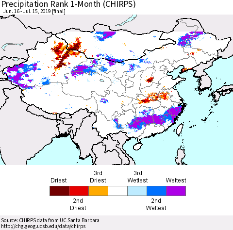 China and Taiwan Precipitation Rank 1-Month (CHIRPS) Thematic Map For 6/16/2019 - 7/15/2019