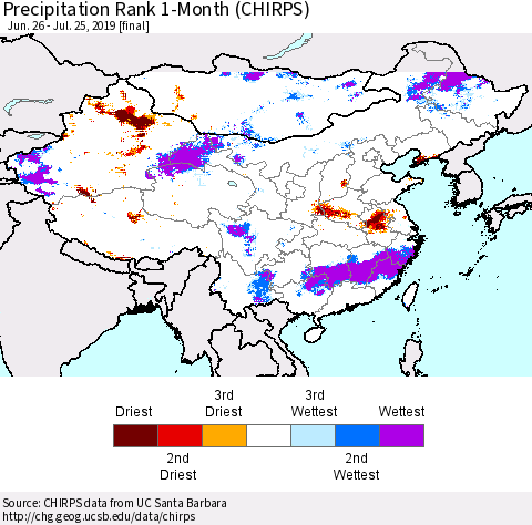 China, Mongolia and Taiwan Precipitation Rank since 1981, 1-Month (CHIRPS) Thematic Map For 6/26/2019 - 7/25/2019