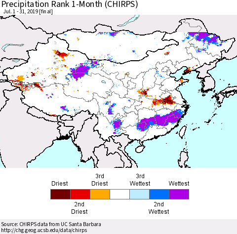 China, Mongolia and Taiwan Precipitation Rank since 1981, 1-Month (CHIRPS) Thematic Map For 7/1/2019 - 7/31/2019