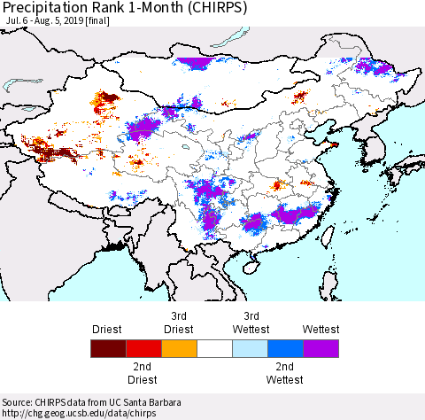 China and Taiwan Precipitation Rank 1-Month (CHIRPS) Thematic Map For 7/6/2019 - 8/5/2019