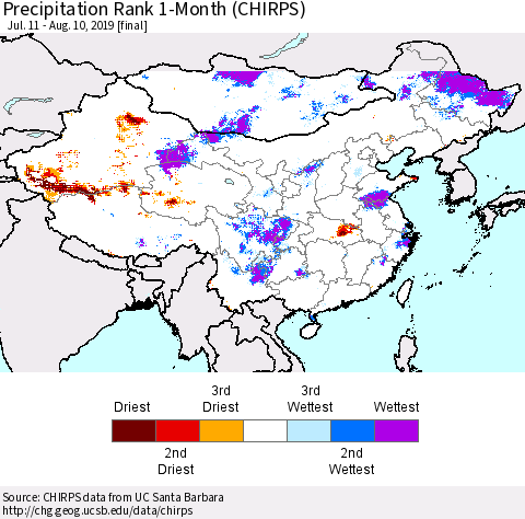 China and Taiwan Precipitation Rank 1-Month (CHIRPS) Thematic Map For 7/11/2019 - 8/10/2019