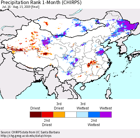 China and Taiwan Precipitation Rank 1-Month (CHIRPS) Thematic Map For 7/16/2019 - 8/15/2019