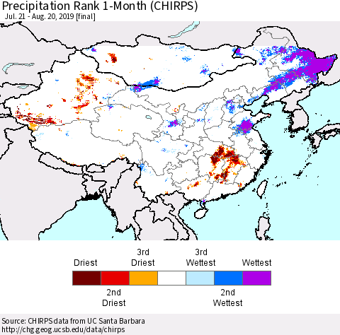 China, Mongolia and Taiwan Precipitation Rank since 1981, 1-Month (CHIRPS) Thematic Map For 7/21/2019 - 8/20/2019