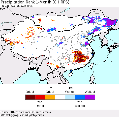 China and Taiwan Precipitation Rank 1-Month (CHIRPS) Thematic Map For 7/26/2019 - 8/25/2019