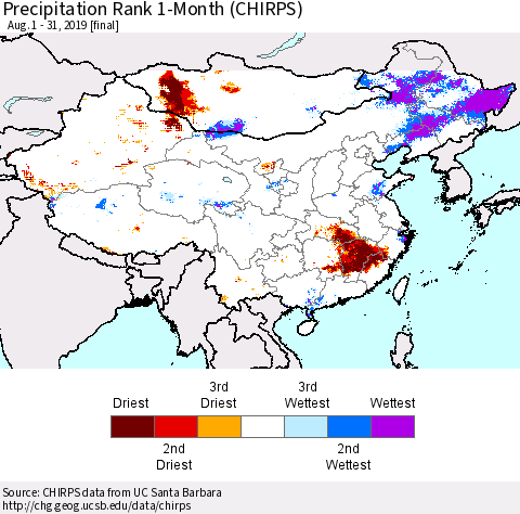 China and Taiwan Precipitation Rank 1-Month (CHIRPS) Thematic Map For 8/1/2019 - 8/31/2019