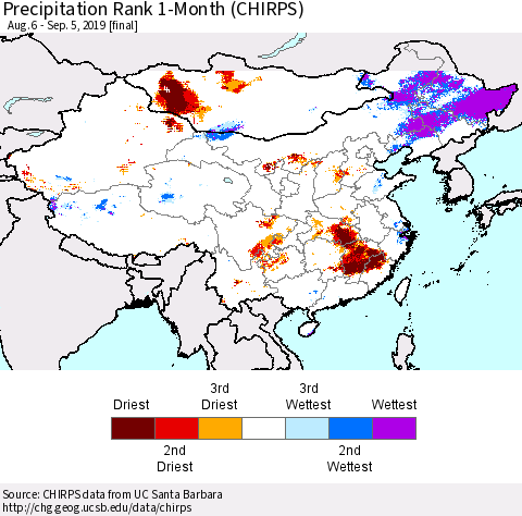 China, Mongolia and Taiwan Precipitation Rank since 1981, 1-Month (CHIRPS) Thematic Map For 8/6/2019 - 9/5/2019