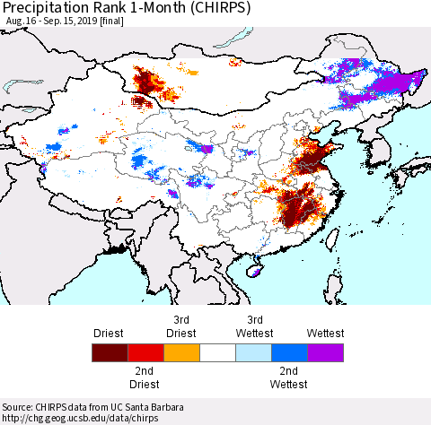 China and Taiwan Precipitation Rank 1-Month (CHIRPS) Thematic Map For 8/16/2019 - 9/15/2019