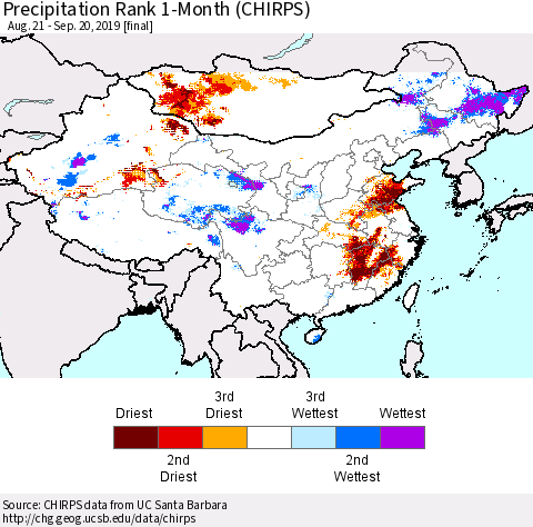 China and Taiwan Precipitation Rank 1-Month (CHIRPS) Thematic Map For 8/21/2019 - 9/20/2019