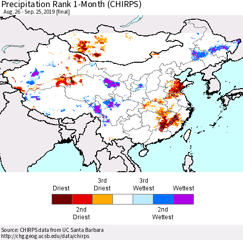 China and Taiwan Precipitation Rank 1-Month (CHIRPS) Thematic Map For 8/26/2019 - 9/25/2019