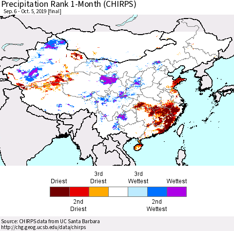 China and Taiwan Precipitation Rank 1-Month (CHIRPS) Thematic Map For 9/6/2019 - 10/5/2019
