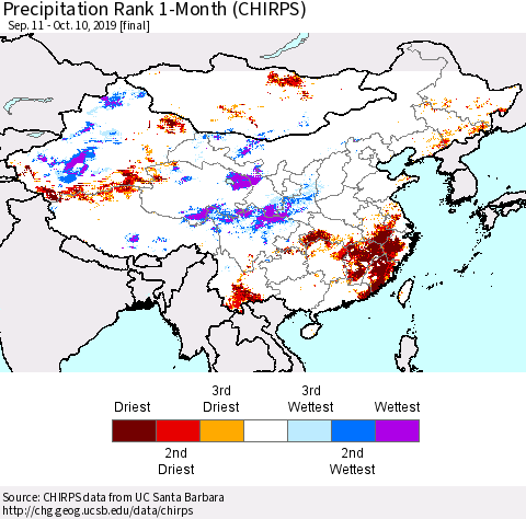 China and Taiwan Precipitation Rank 1-Month (CHIRPS) Thematic Map For 9/11/2019 - 10/10/2019