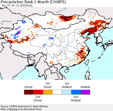 China, Mongolia and Taiwan Precipitation Rank since 1981, 1-Month (CHIRPS) Thematic Map For 9/16/2019 - 10/15/2019