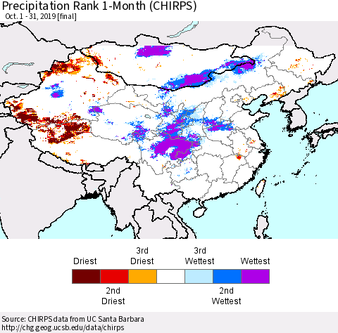 China and Taiwan Precipitation Rank 1-Month (CHIRPS) Thematic Map For 10/1/2019 - 10/31/2019