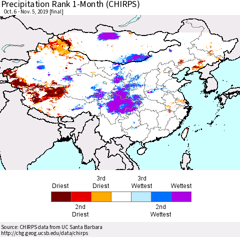 China, Mongolia and Taiwan Precipitation Rank since 1981, 1-Month (CHIRPS) Thematic Map For 10/6/2019 - 11/5/2019