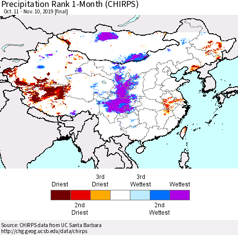China and Taiwan Precipitation Rank 1-Month (CHIRPS) Thematic Map For 10/11/2019 - 11/10/2019