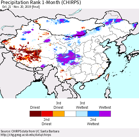 China and Taiwan Precipitation Rank 1-Month (CHIRPS) Thematic Map For 10/21/2019 - 11/20/2019