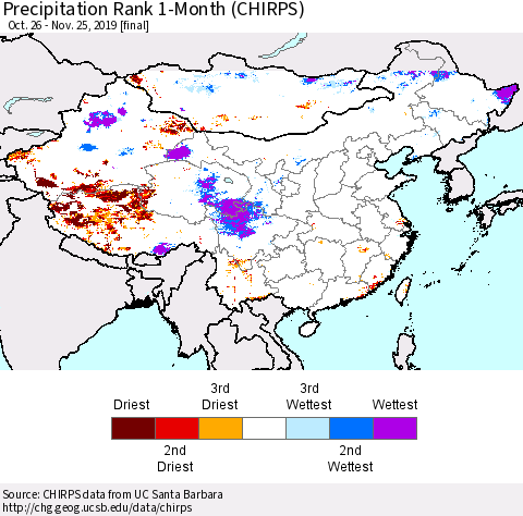 China and Taiwan Precipitation Rank 1-Month (CHIRPS) Thematic Map For 10/26/2019 - 11/25/2019