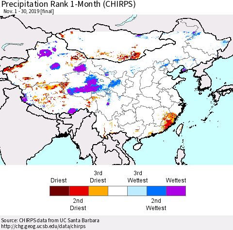 China and Taiwan Precipitation Rank 1-Month (CHIRPS) Thematic Map For 11/1/2019 - 11/30/2019