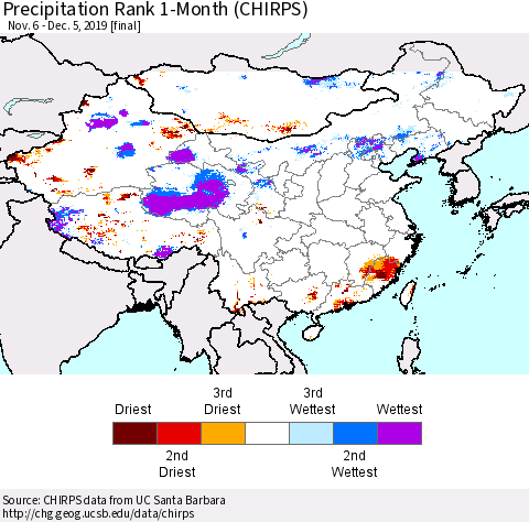 China and Taiwan Precipitation Rank 1-Month (CHIRPS) Thematic Map For 11/6/2019 - 12/5/2019