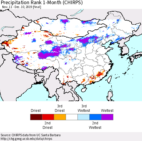 China, Mongolia and Taiwan Precipitation Rank since 1981, 1-Month (CHIRPS) Thematic Map For 11/11/2019 - 12/10/2019