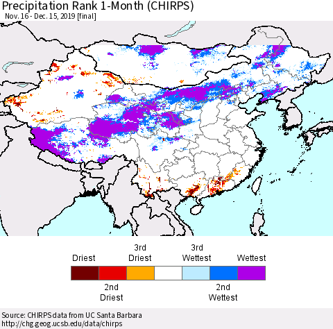 China and Taiwan Precipitation Rank 1-Month (CHIRPS) Thematic Map For 11/16/2019 - 12/15/2019
