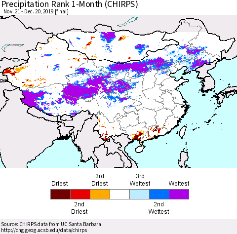 China and Taiwan Precipitation Rank 1-Month (CHIRPS) Thematic Map For 11/21/2019 - 12/20/2019