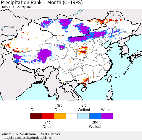 China, Mongolia and Taiwan Precipitation Rank since 1981, 1-Month (CHIRPS) Thematic Map For 12/1/2019 - 12/31/2019