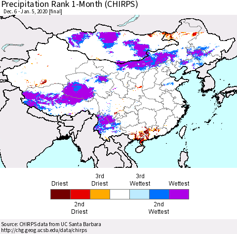 China, Mongolia and Taiwan Precipitation Rank since 1981, 1-Month (CHIRPS) Thematic Map For 12/6/2019 - 1/5/2020