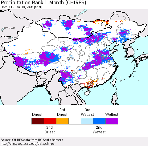 China, Mongolia and Taiwan Precipitation Rank since 1981, 1-Month (CHIRPS) Thematic Map For 12/11/2019 - 1/10/2020