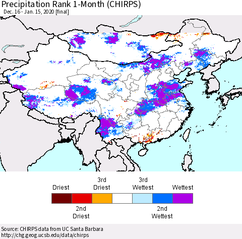 China and Taiwan Precipitation Rank 1-Month (CHIRPS) Thematic Map For 12/16/2019 - 1/15/2020