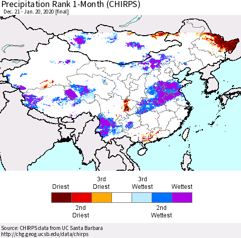 China, Mongolia and Taiwan Precipitation Rank since 1981, 1-Month (CHIRPS) Thematic Map For 12/21/2019 - 1/20/2020