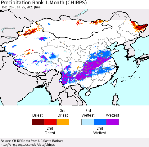 China and Taiwan Precipitation Rank 1-Month (CHIRPS) Thematic Map For 12/26/2019 - 1/25/2020