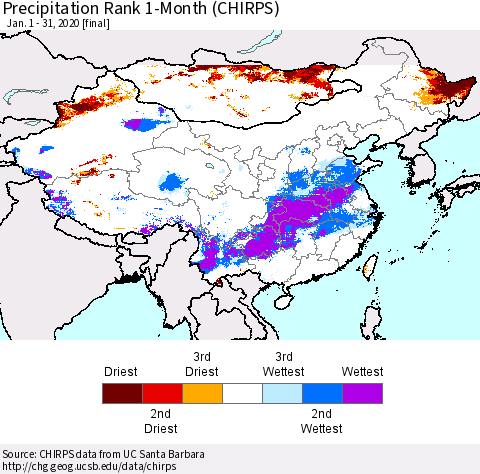 China and Taiwan Precipitation Rank 1-Month (CHIRPS) Thematic Map For 1/1/2020 - 1/31/2020