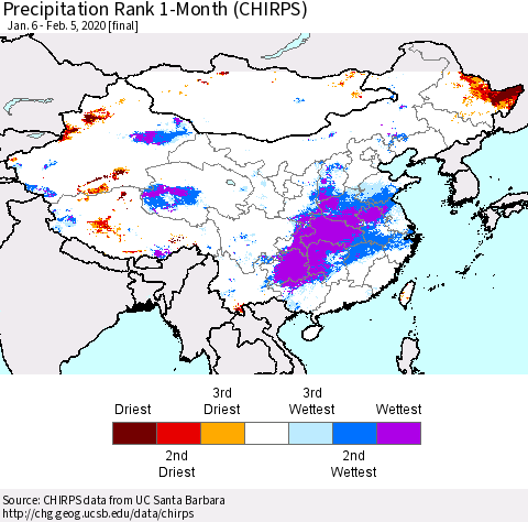 China, Mongolia and Taiwan Precipitation Rank since 1981, 1-Month (CHIRPS) Thematic Map For 1/6/2020 - 2/5/2020