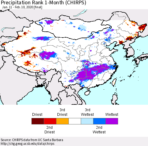 China and Taiwan Precipitation Rank 1-Month (CHIRPS) Thematic Map For 1/11/2020 - 2/10/2020