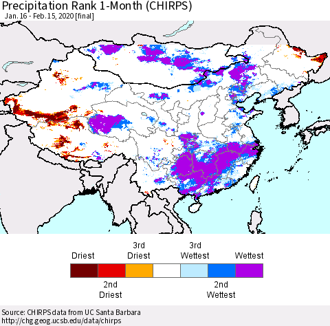 China and Taiwan Precipitation Rank 1-Month (CHIRPS) Thematic Map For 1/16/2020 - 2/15/2020