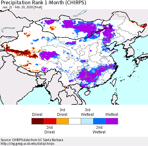 China and Taiwan Precipitation Rank 1-Month (CHIRPS) Thematic Map For 1/21/2020 - 2/20/2020