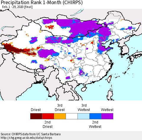 China and Taiwan Precipitation Rank 1-Month (CHIRPS) Thematic Map For 2/1/2020 - 2/29/2020