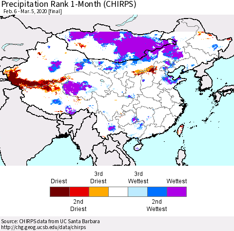 China and Taiwan Precipitation Rank 1-Month (CHIRPS) Thematic Map For 2/6/2020 - 3/5/2020
